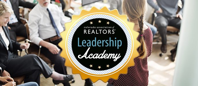 Leadership Academy Seal with background of woman teaching a class