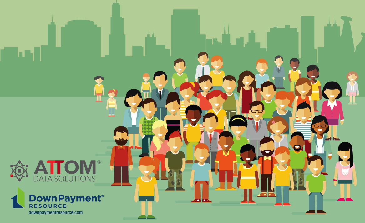 Group of cartoon men, women, and children standing outside with the silhouette of buildings behind them. Down Payment Resource and ATTOM Logos included in photo.