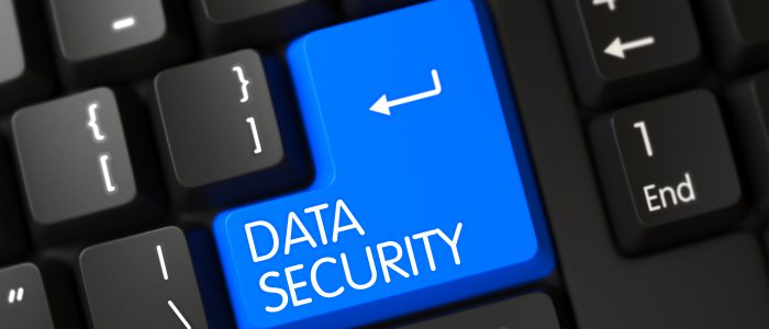Key Data Security on Modernized Keyboard. Black Keyboard with the words Data Security on Blue Key. Data Security on Black Keyboard Background. Data Security Key. 3D Render.