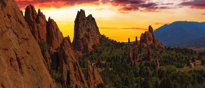 Majestic Sunset Image of the Garden of the Gods with dramatic sky.