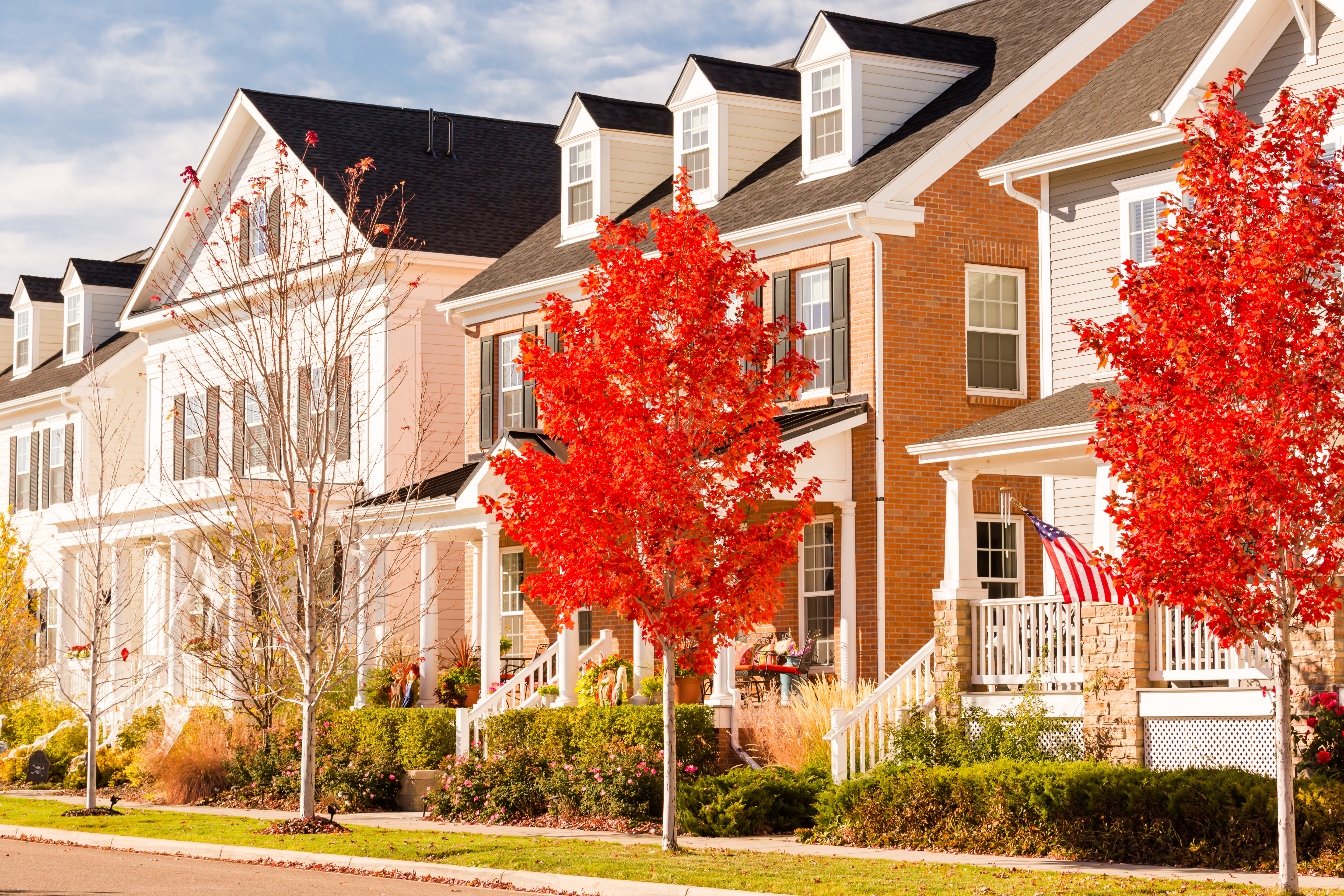 Homes close in proximity to one another with fall trees out front