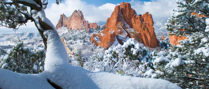 South Gateway Rock Formations at the Garden of the Gods Park in Colorado Springs Colorado after a fresh snowfall