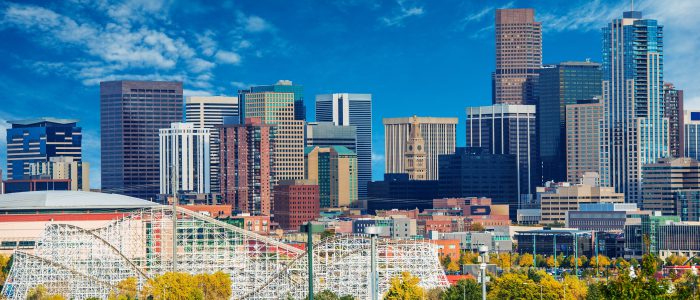 Sunny Day in Denver Colorado United States. Downtown Denver City Skyline and the Blue Sky.