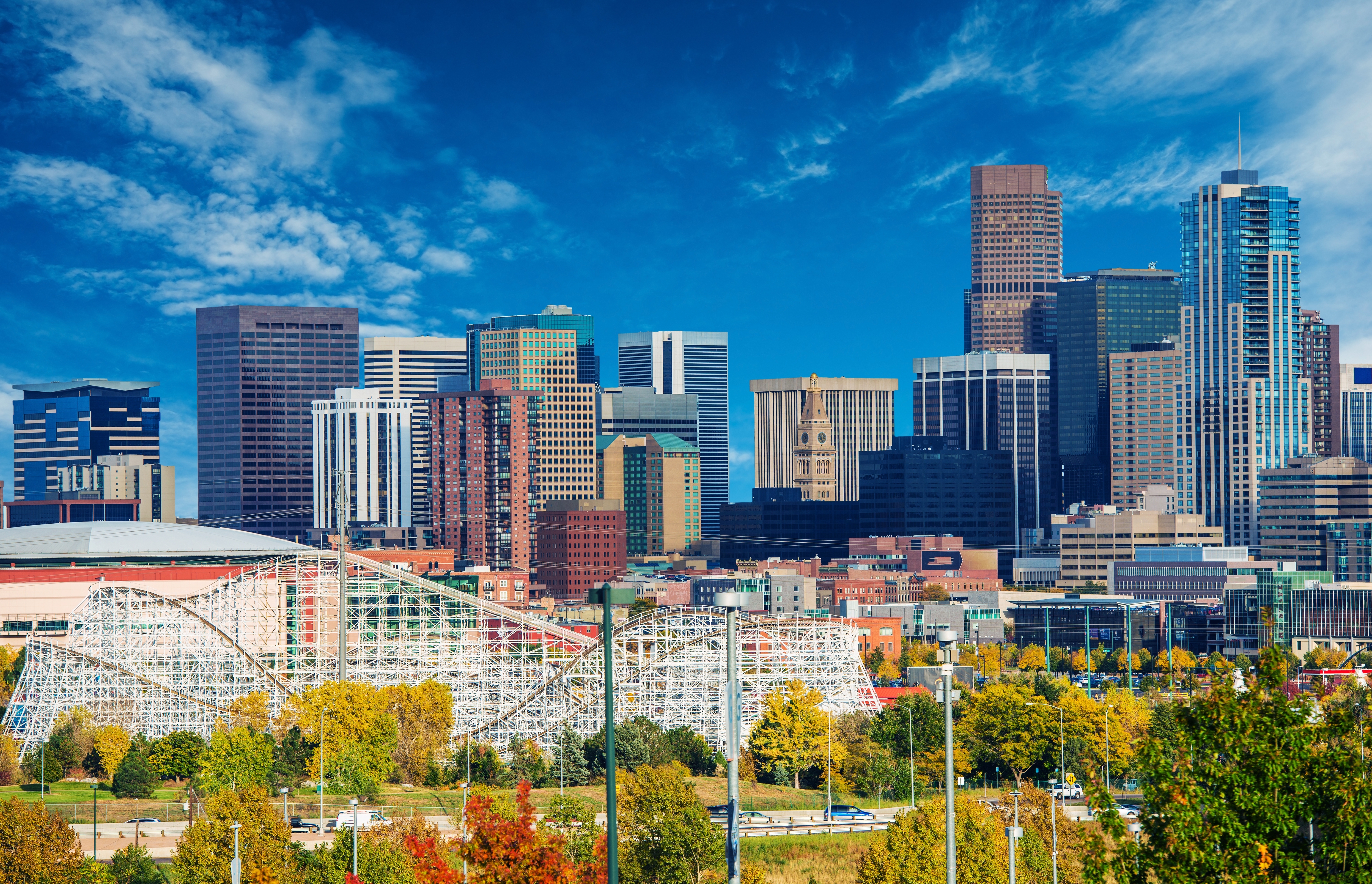 Sunny Day in Denver Colorado United States. Downtown Denver City Skyline and the Blue Sky.