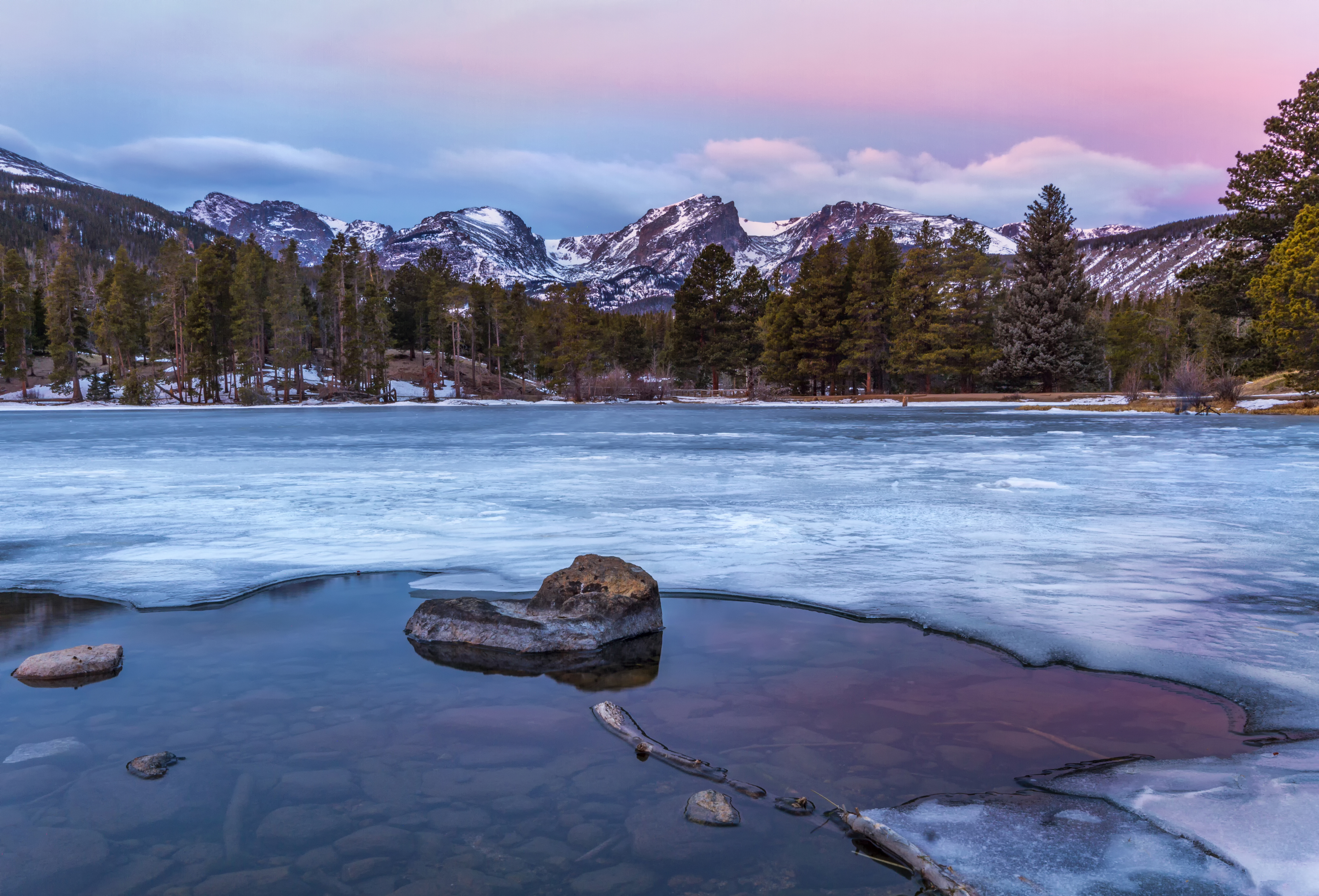 Sunrise on Sprague Lake in Rocky Mountain National park just outside of Estes Park, Colorado