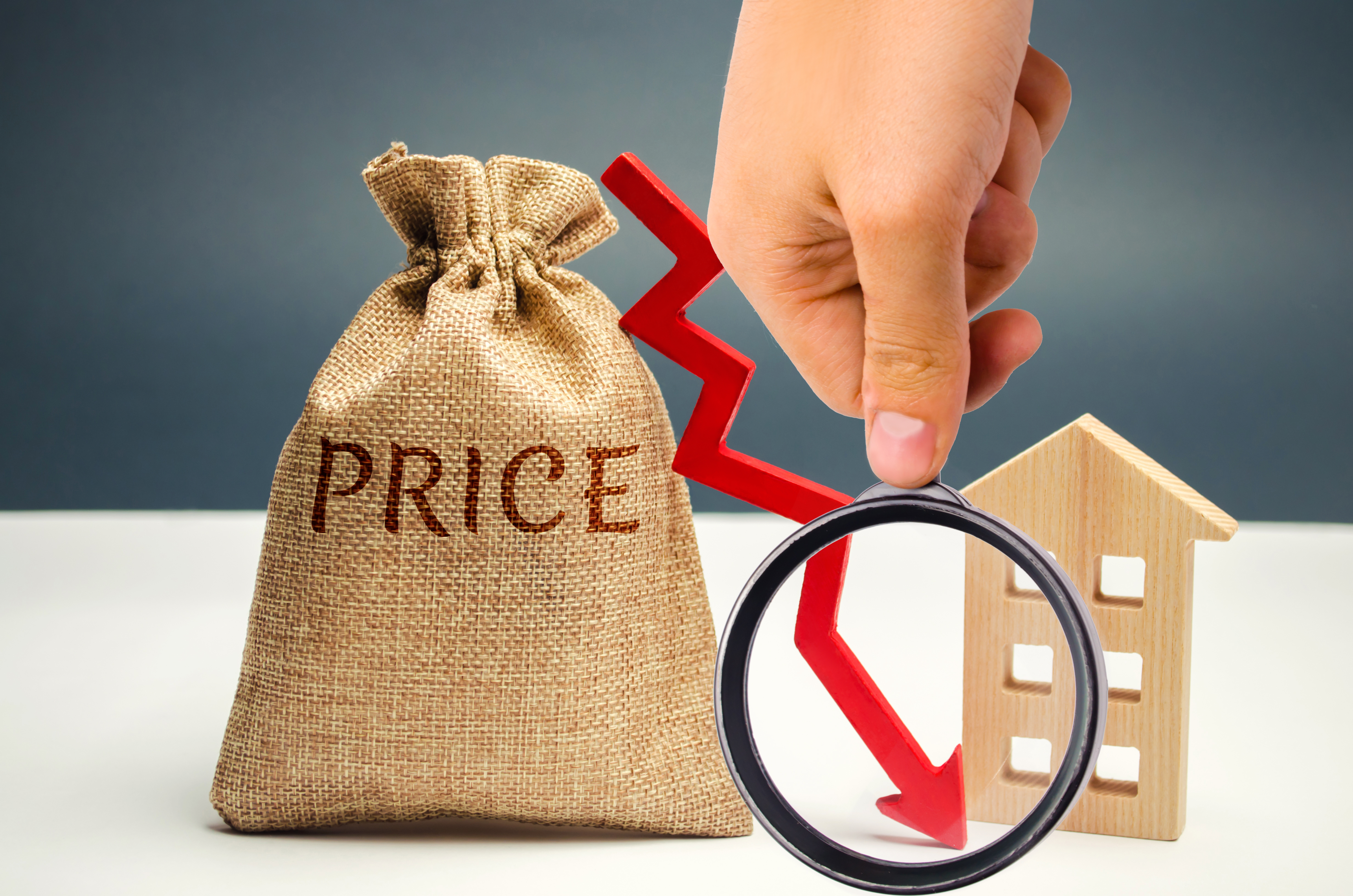 Money bag with word price, down arrow and wooden house. The concept of falling property prices. Lower housing prices. Low rent. The decline in the value of the property. Low utility prices