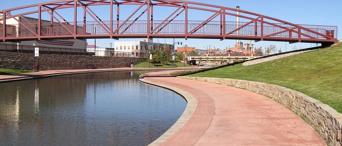 a section of the historic arkansas riverwalk near downtown pueblo, colorado.