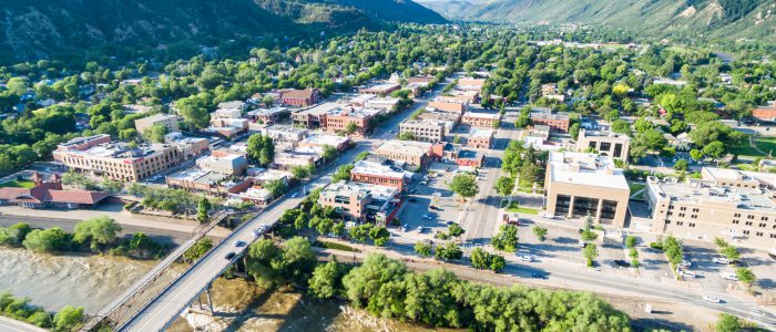 Glenwood Springs Colorado USA-June 20 2015. Aerial view of downtown Gleenwood Springs in the summer.