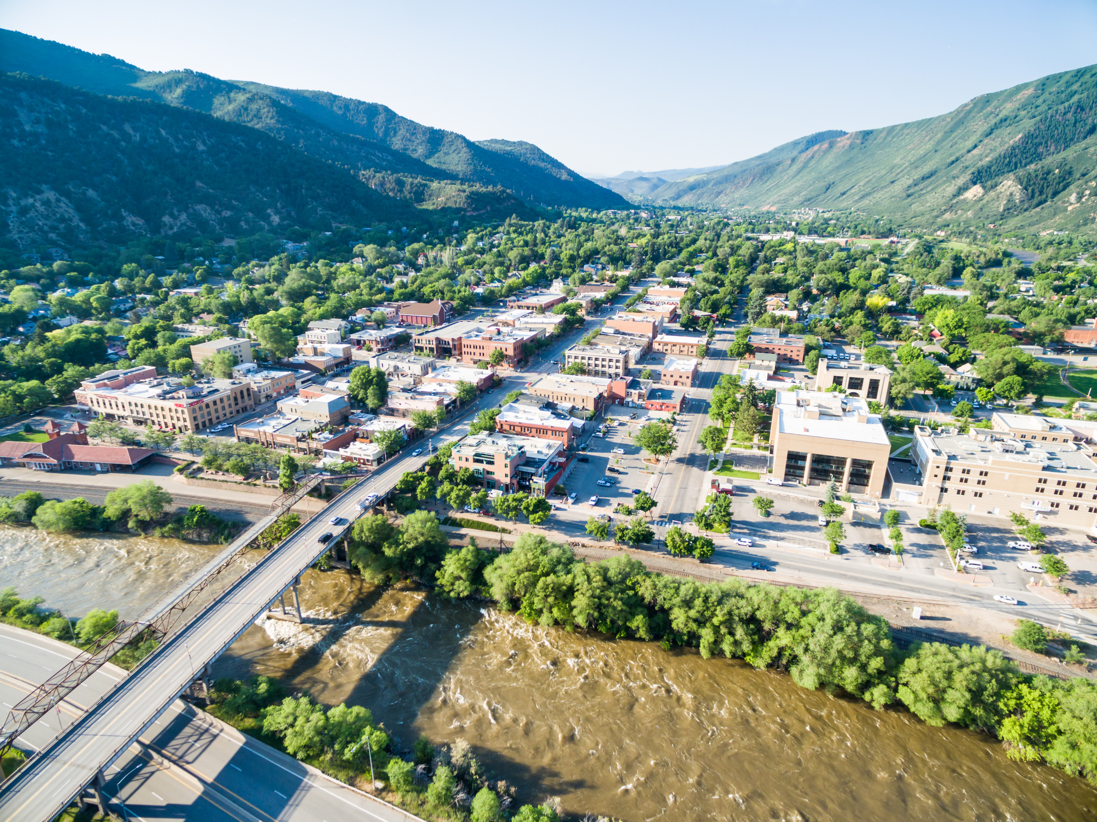 Glenwood Springs Colorado USA-June 20 2015. Aerial view of downtown Gleenwood Springs in the summer.