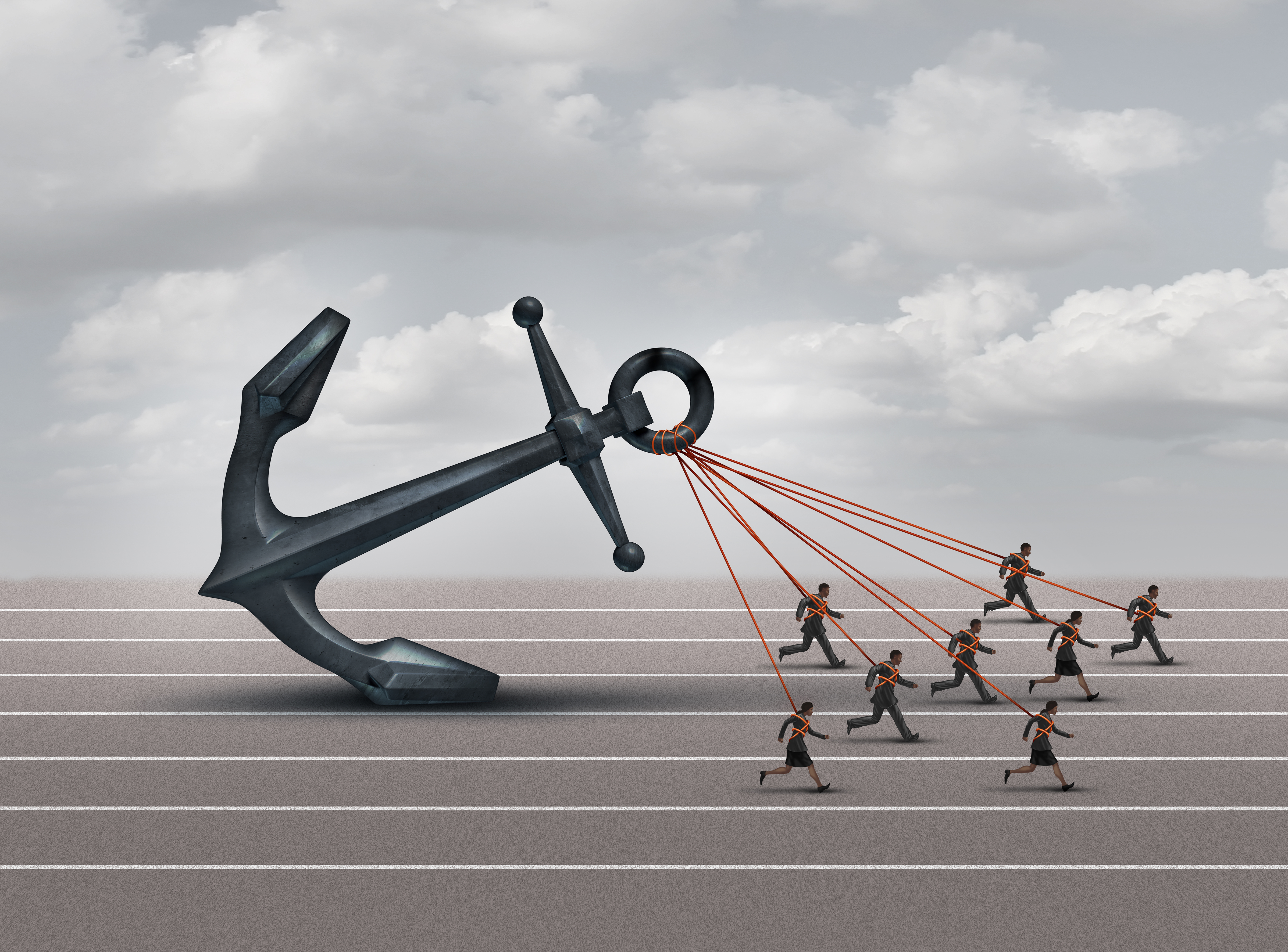 Business group challenge as a team of workers pulling a heavy anchor together as a corporate metaphor for overcoming the burden and obstacles of a company with 3D illustration elements.